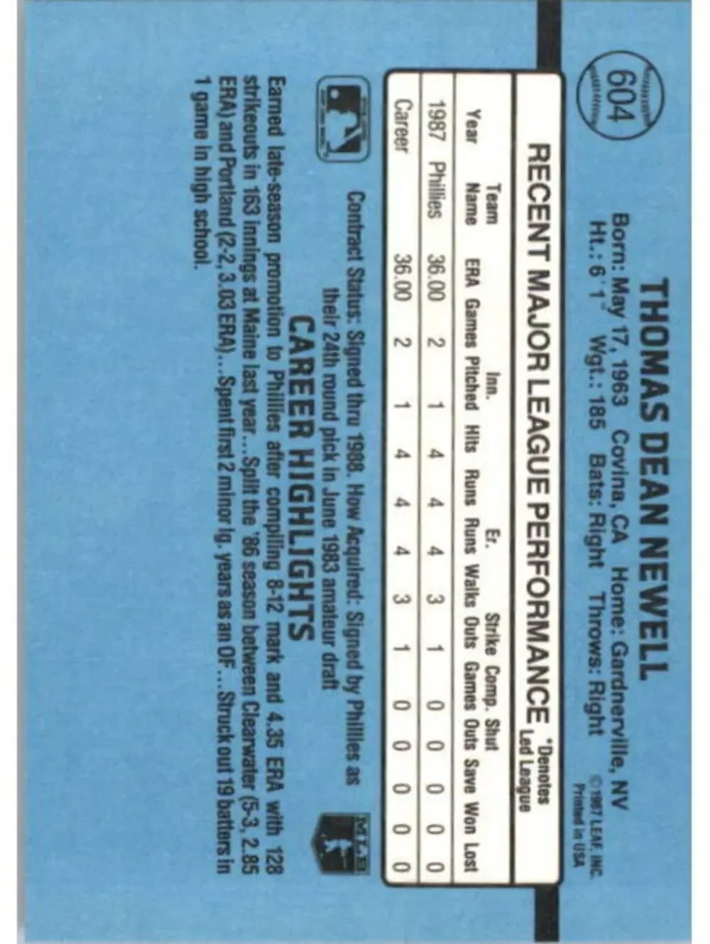 1988 Tom Newell Donruss Baseball Card #604
